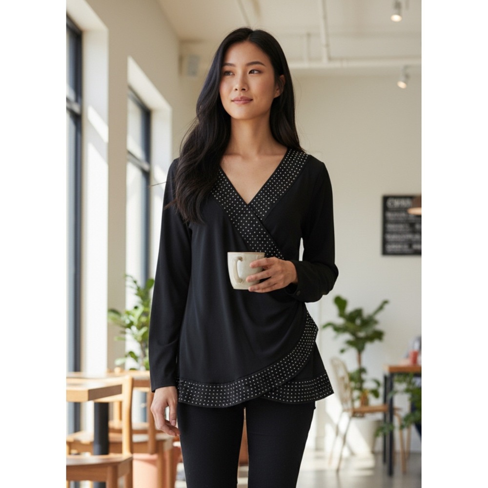 NEW Michael Kors Black Rhinestone Long-Sleeve V-Neck Jersey Top Petite XL NWT